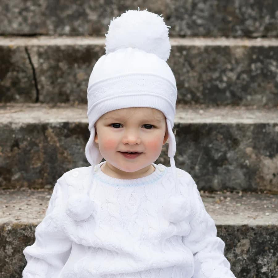 Emile et rose Griffin White Baby Bobble Hat with Ear Flaps